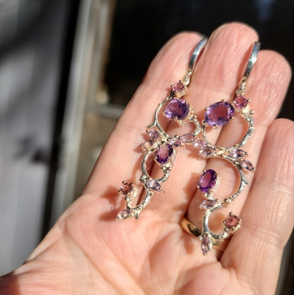 Amethyst & tourmaline STUNNING NEW sterling & gold dramatic earrings - Picture 4 of 6